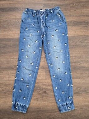 Disney Parks Mickey Mouse Denim Joggers Sz Med Jeans Pants Allover Print Stretch